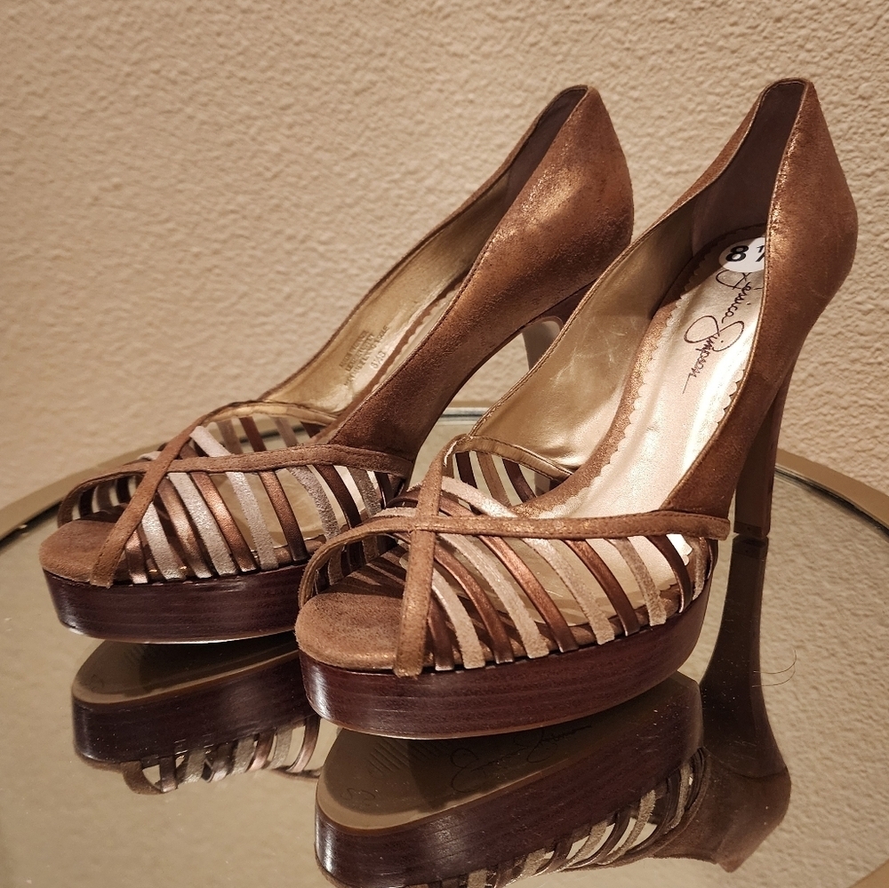 Jessica Simpson Leather Brown Gold Silver Heels Size 8.5B